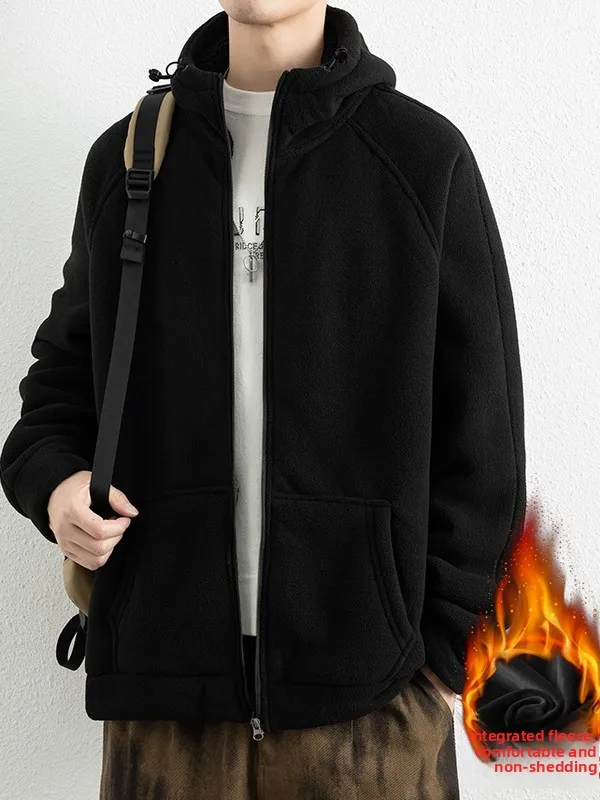 

Thiened Fce Hooded Jaet Men's Autumn Winter Fce Lined Open Cardigan Sweatirt Lamb Velvet Jaet Inner Zipper irt