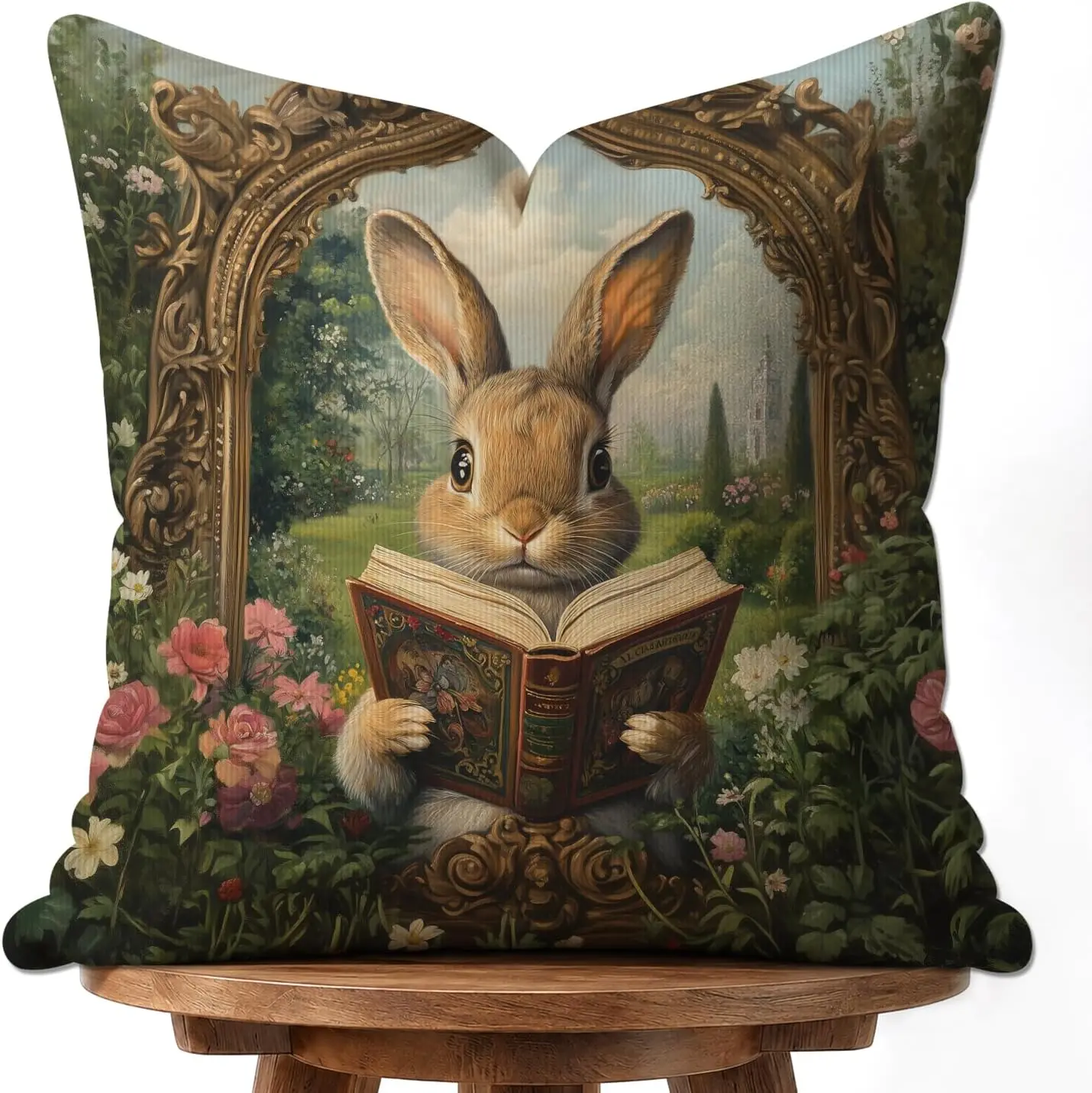 Whimsical Bunny Reading Book Throw Pillow Cover Cushion Cottagecore Style Luxury Garden Print Decorative Home Decor Pillow Accen