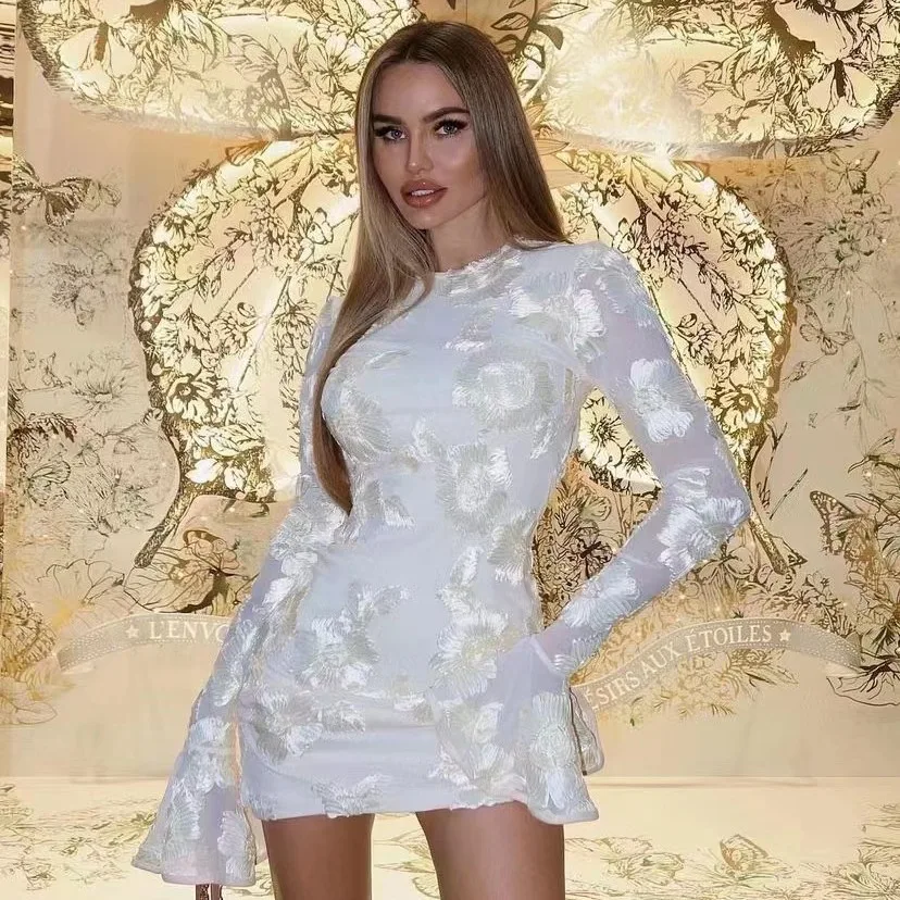 2024 Crewneck White Package Hip Dresses Long Flared Sleeve Midi Dresses Women Backless Print Sexy Bodycon Dress Slim Fit Vestido