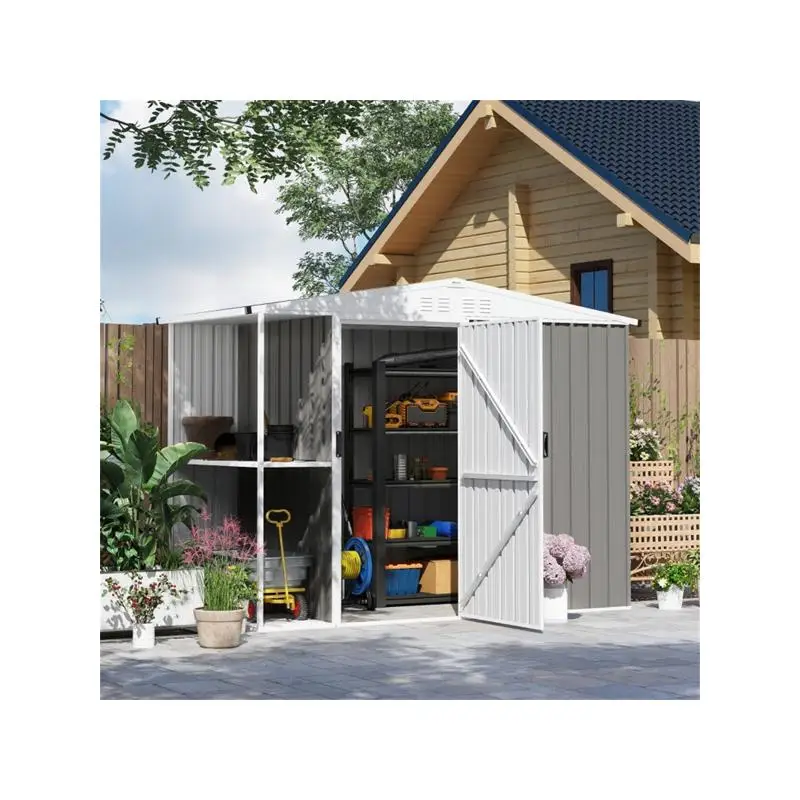 سقيفة تخزين فولاذية مقاس 7 × 4 لأدوات الحديقة باللون الأبيض