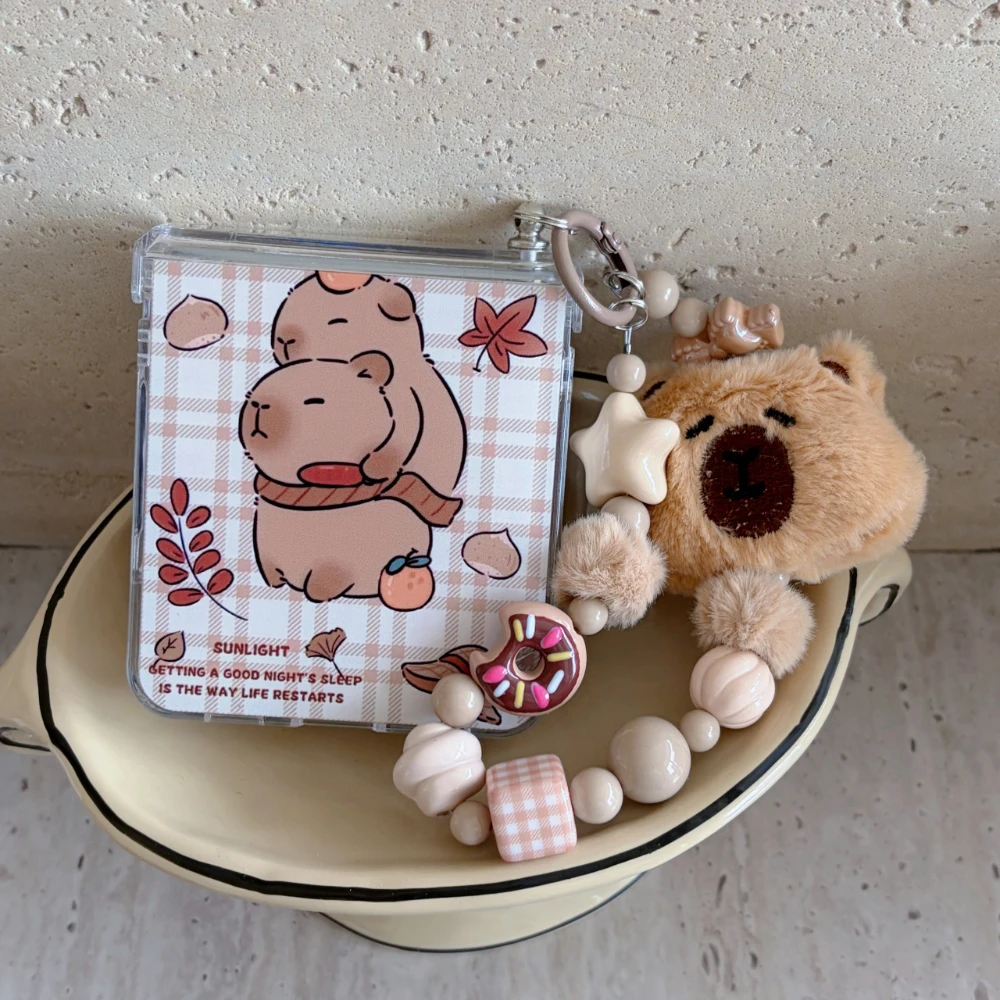 Transparent Cute Cartoon Capibara With Lanyard Bracelet Phone Case For Samsung Z Flip 5 4 3 6 7 FE Shockproof Clear Back Cover