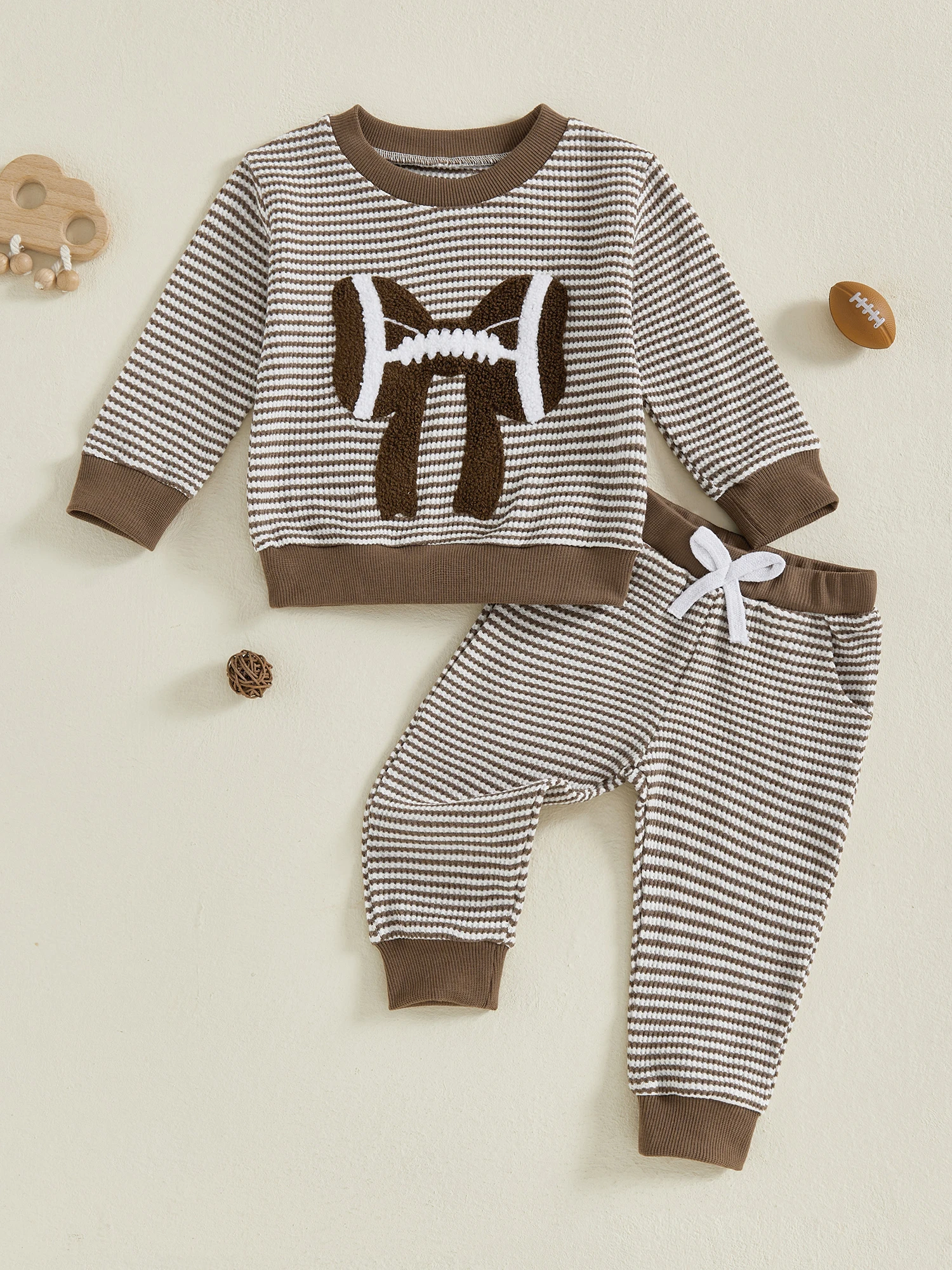 

Осенний комплект одежды для девочек: топ с вышитым бантом в стиле регби и полосатые штаны для маленьких девочек с длинными рукавами