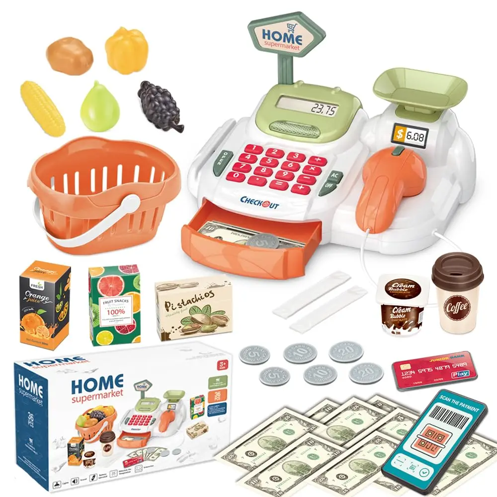 WizKidz Pretend Play Cash Register Toy With Functional Calculator Cashier Scanner Supermarket Set Kids Grocery Store Money Food