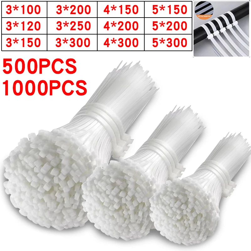 500/1000PCS/bag Self-locking Plastic Nylon Tie White Zip Wraps Strap Nylon Cable Tie Set Fastening Ring Loop Wire Wrap