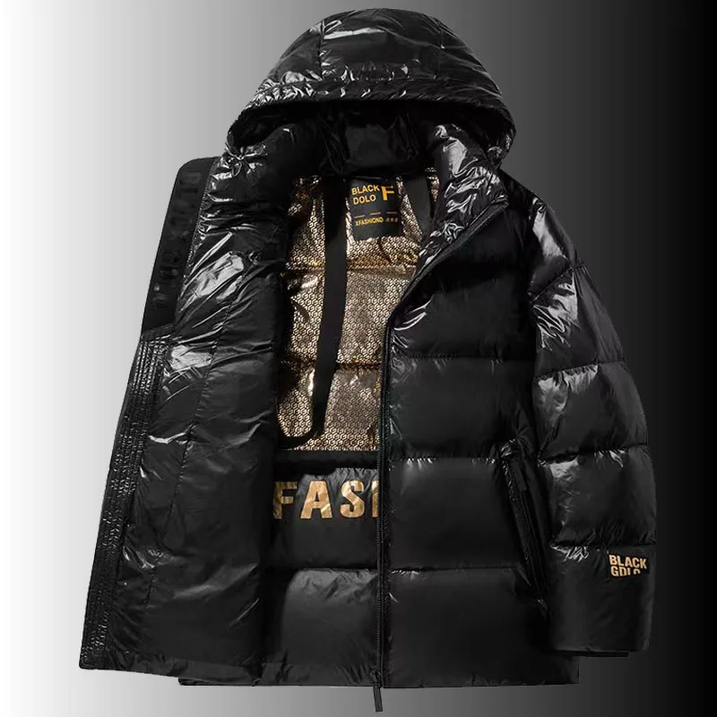 Inverno grosso branco ganso para baixo jaquetas puffer em casacos superfície brilhante parkas coreia masculino preto ouro curto outwear casacos