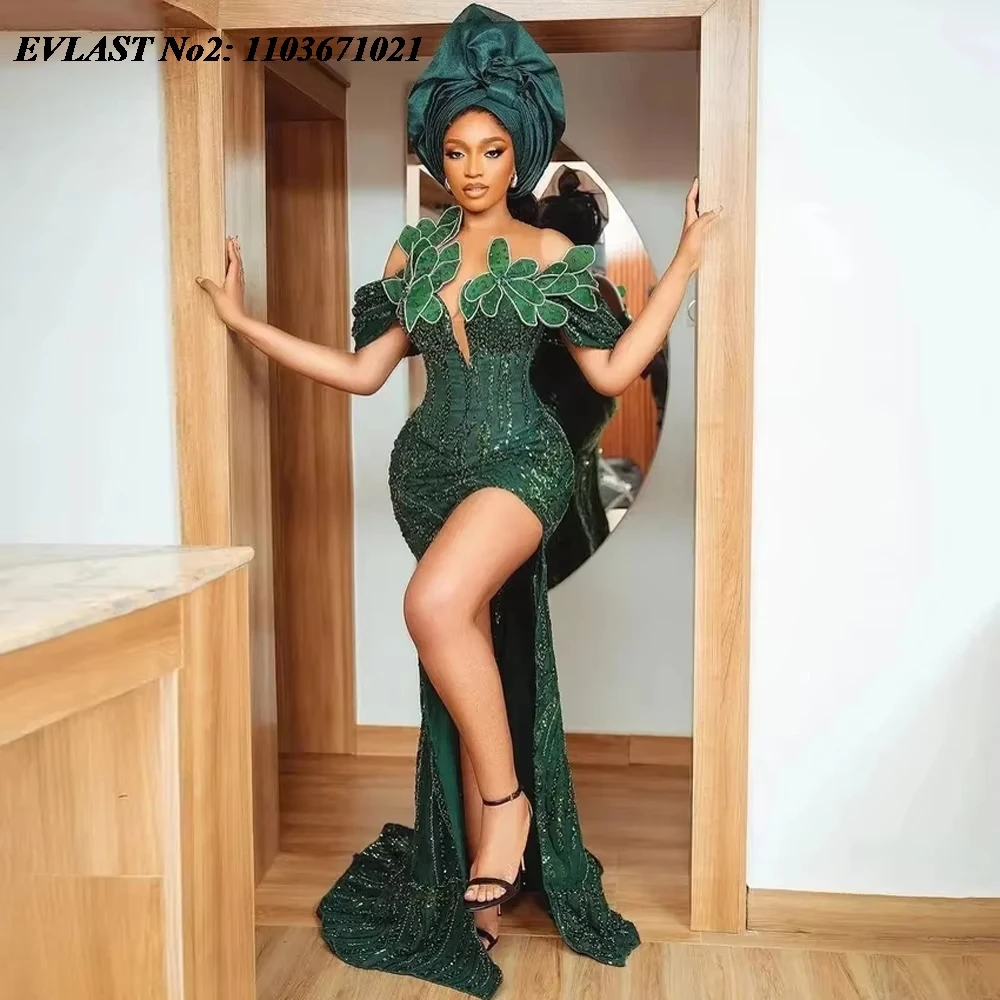 

EVLAST Customized Dark Green Lace Asoebi Prom Dress 2025 Sexy High Slit Beaded African Evening Party Dress Nigerian Gown E2P04