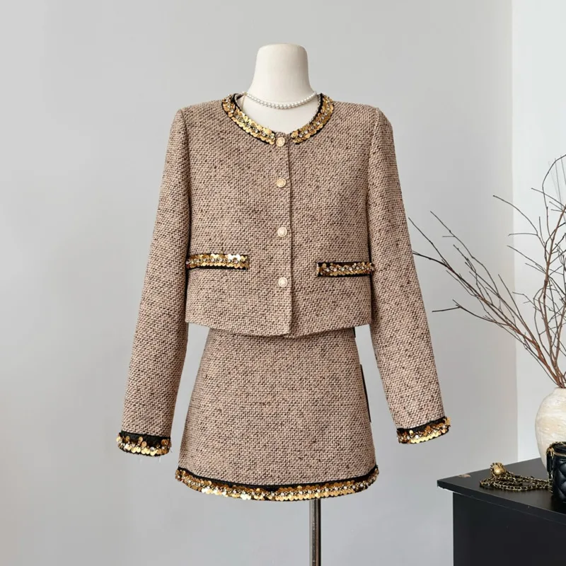 

High Quality French Vintage Small Fragrance Tweed 2 Piece Sets Women Outfits Fashion Jacket Coat + Short Skirt Two Piece Suits