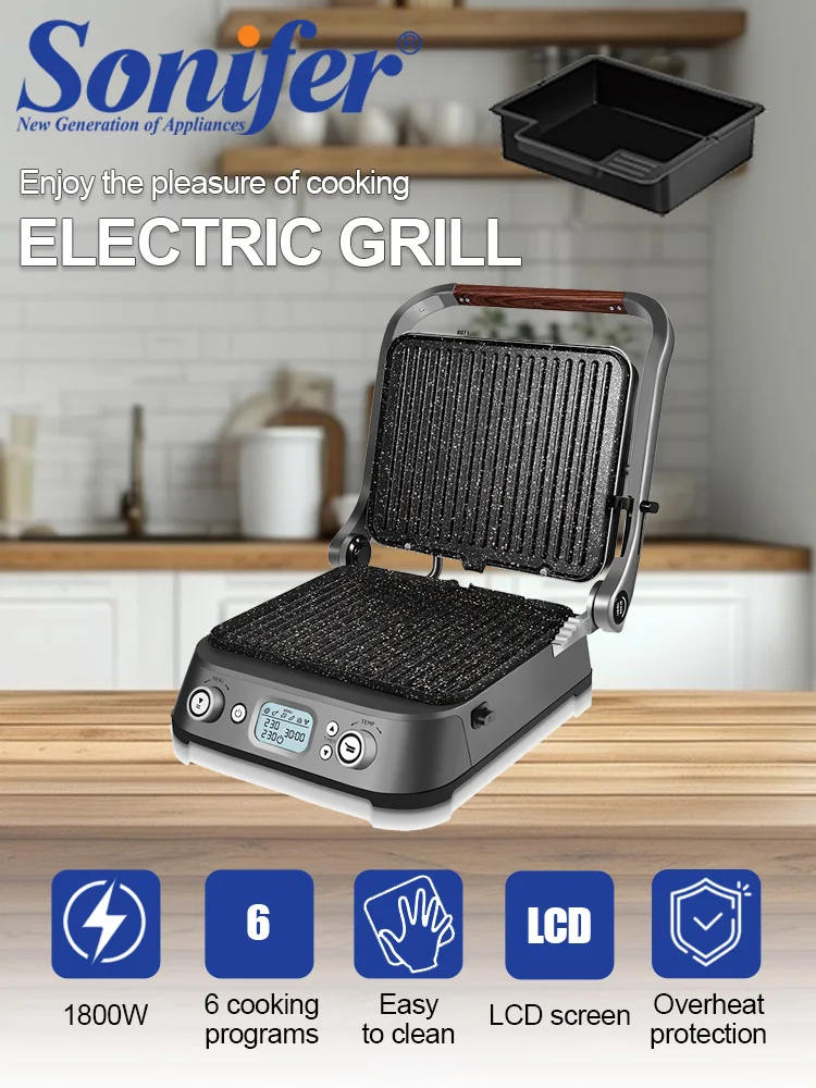 Electric Grill Sonifer SF-6206 1800W LCD Display 6 Programs Non Stick Plate Contact Grill with Timer for Home Kitchen BBQ