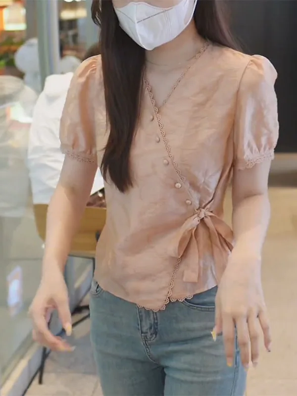 

plus Size V-Neck Short Sleeve Shirt Women's Summer Fashion Loose Slimming Open Cardigan Top Korean Style Casual Wear