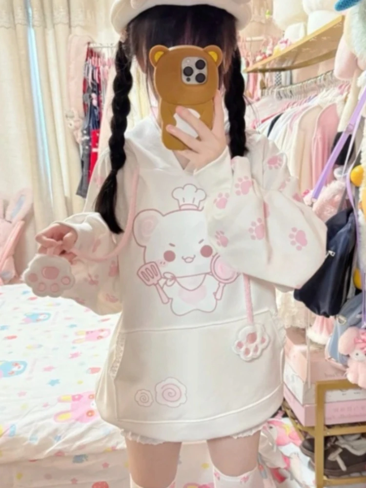 

Японские толстовки Kawaii с милым принтом кота, толстовки с длинными рукавами, белые топы Y2k, повседневная модная толстовка с капюшоном, субкультура, женская одежда