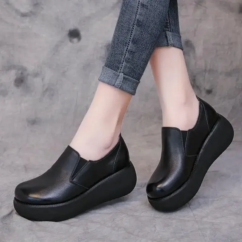 2023 leather Wedges Shoes loafer round toe platform Pumps slip on Leisure party office lady casual shoes