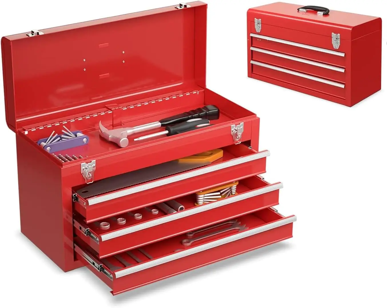 

Tool Box, Portable 20” Tool Boxes with 3 Drawers, Top Tool Tray, Metal Lock Latch, Protective Liner, Auto Locking