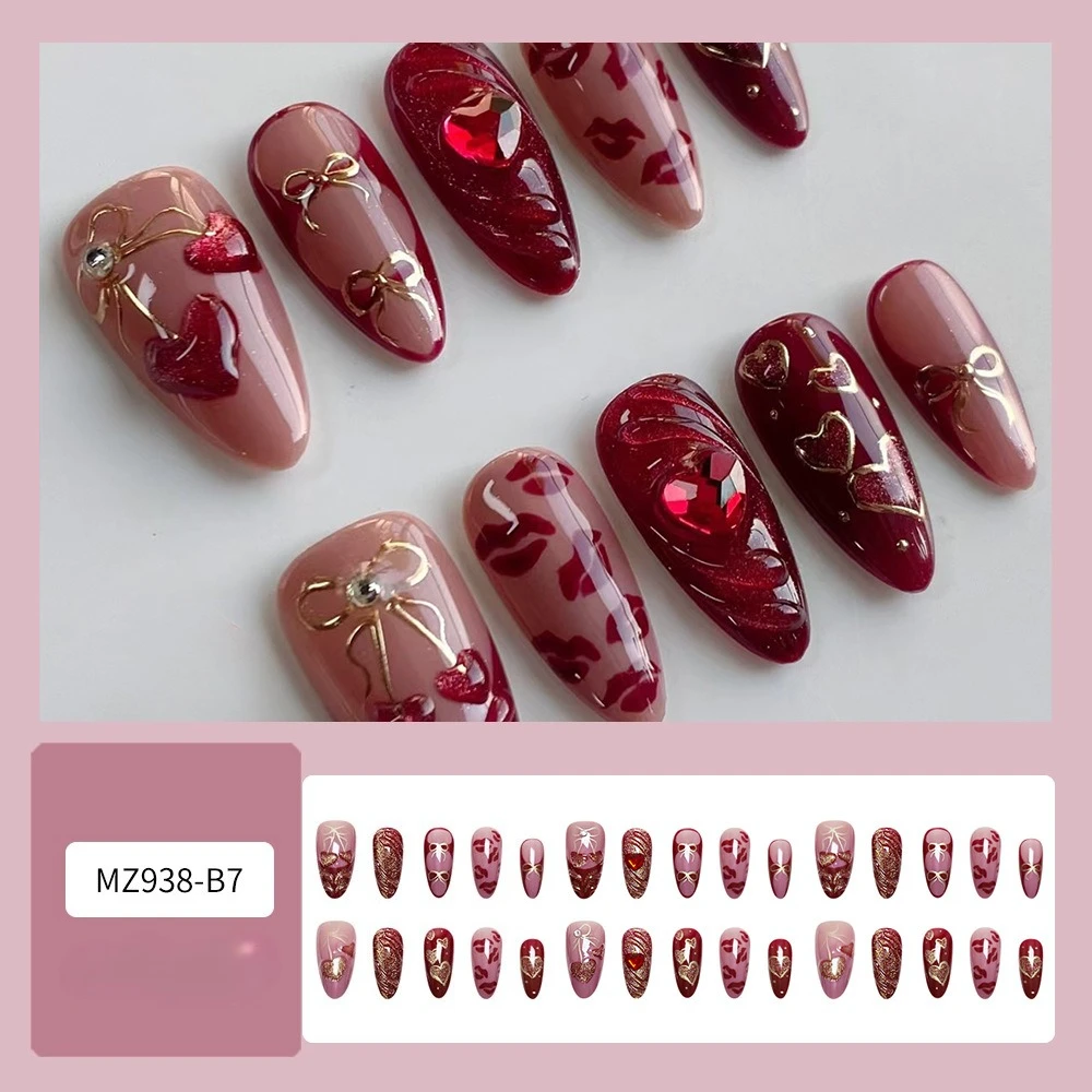 

24PCS Almond False Nails Retro Red Press on Nails with 3D Lips Heart Golden Bow Design French Tip Glitter Fake Nails for Women