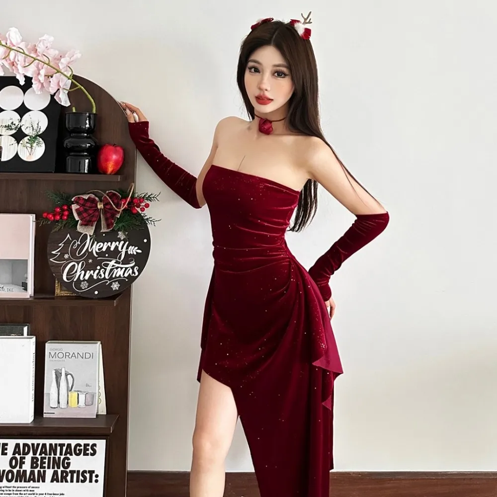 Sukienka SylCue Red Bright Silk Dress+Sleeve Cover Woman Chest Wrap Backless Shape Waist Irregular Hem Christmas Party Elegant Bodycon