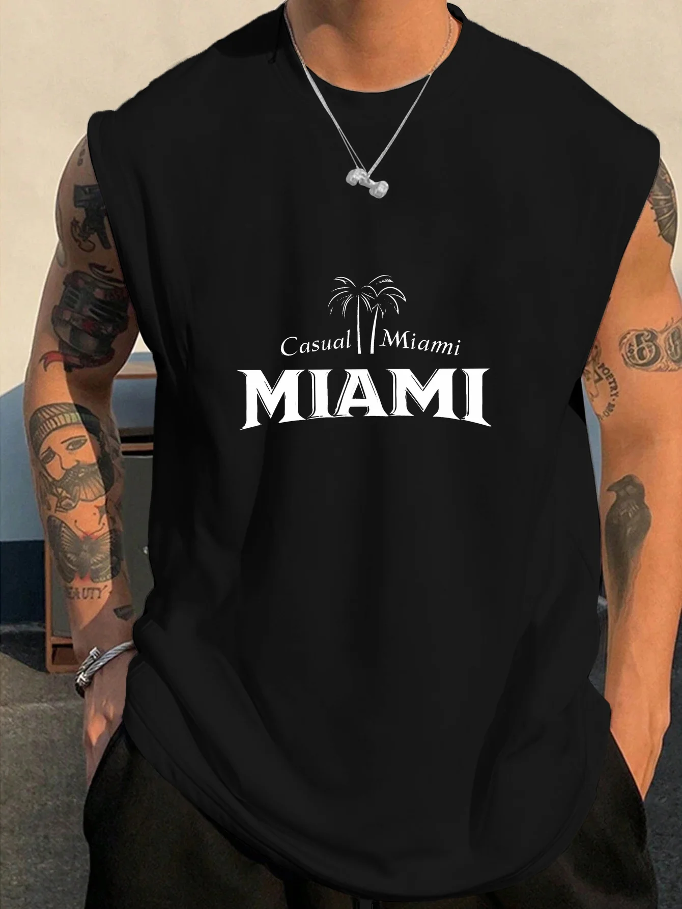 Summer 100% Pure Cotton Men's Fashion Casual Loose Compass and Mountain Pattern Print Fitness Sports Sleeveless Vest
