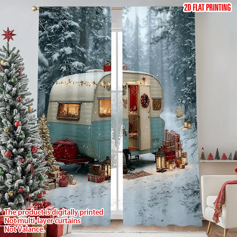 

2pcs 2D flat printing Christmas Window Curtains Christmas camping 100% Polyester Without Electricity Birthday Party Perfect for