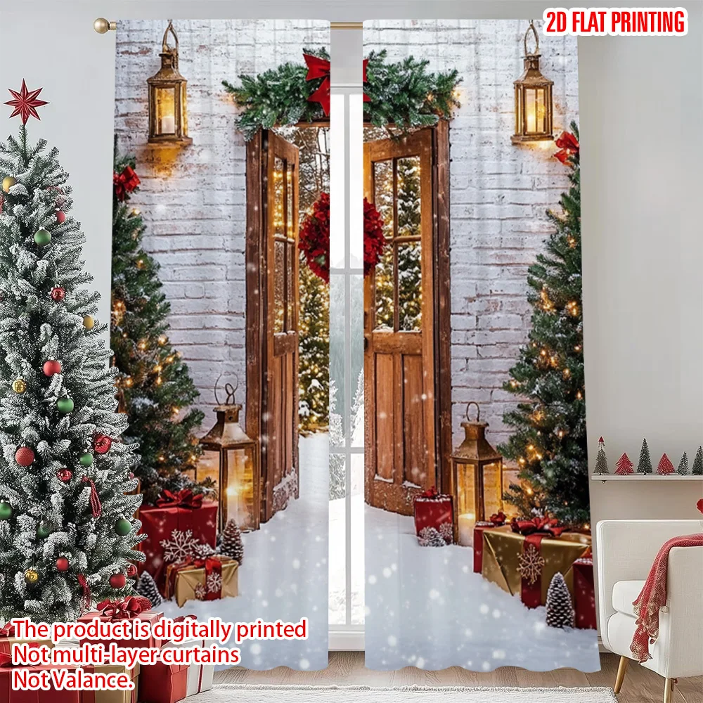 

2pcs 2D flat printing Merry Christmas Popular Window Curtains peach velvet wreath Durable Polyester Without Electricity Festive