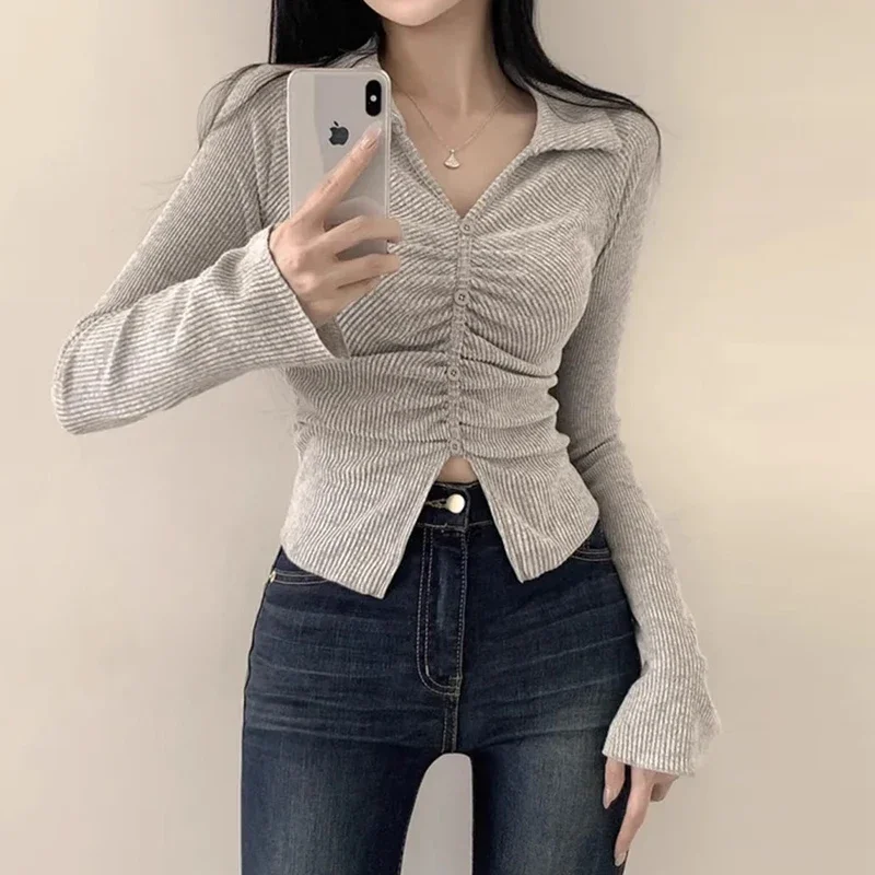 South korea Chic Autumn Retro Temperament V-neck Pleating Design Slim fit Slimming Versatile Split Long sleeve Knit Women Z217