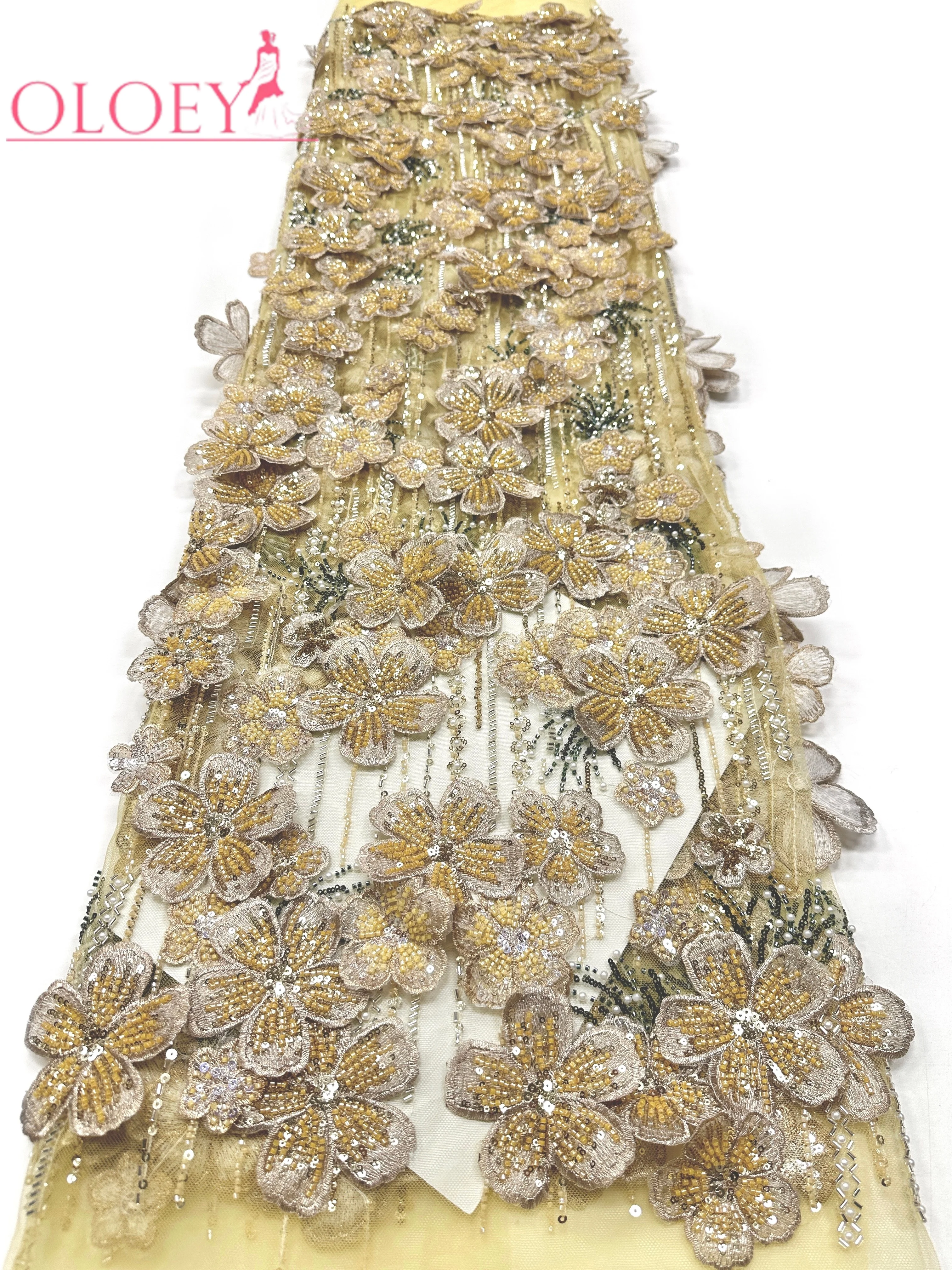 

OLOEY 3D Fashion Nigerian Handmade Embroidery Sequins Beaded Lace Fabric 2026 High Quality French Tulle Lace Fabric For Wedding