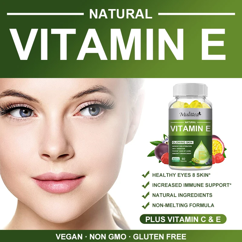 Mulittea Vitamin E Capsules for Antioxidant Relieve Stress Skin Care Eyes Immune System Health Supplement Brighten skin