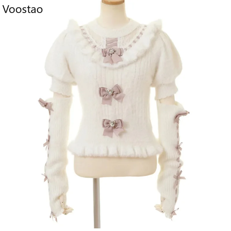 Jersey de punto estilo Lolita para mujer, prendas de punto con volantes y lazo, suéter Harajuku de felpa, estilo japonés, otoño