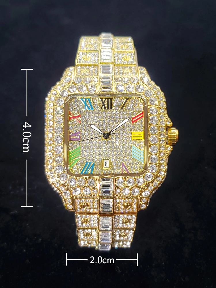 Luxury Diamond Men's Watch Colorful Number Classic Design 18K Gold Plated Watches For Men Waterproof Calendar Hand Clock Gift