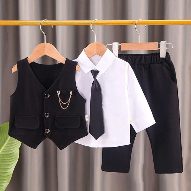 Toddler boys Gentleman Long Sleeve White T-Shirt + plaid suit tie 3 piece Clothes Outfits Boys Formal clothing Set