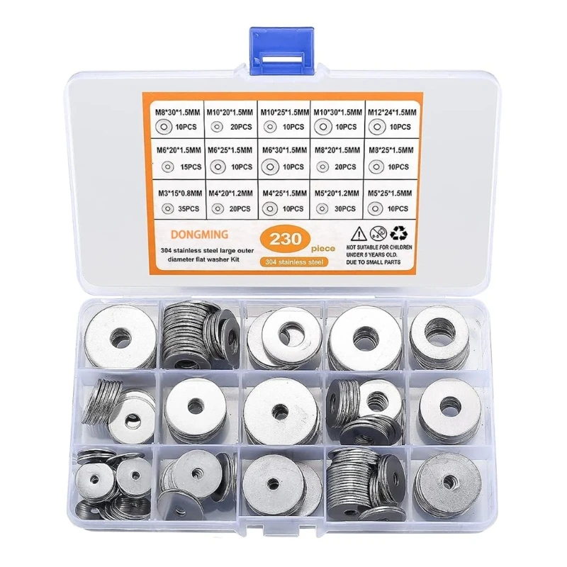 230PCS 304 Stainless Steel Flat Washers Various Size M3M4M5M6M8M10M12 Metal Washer for Multiple Use