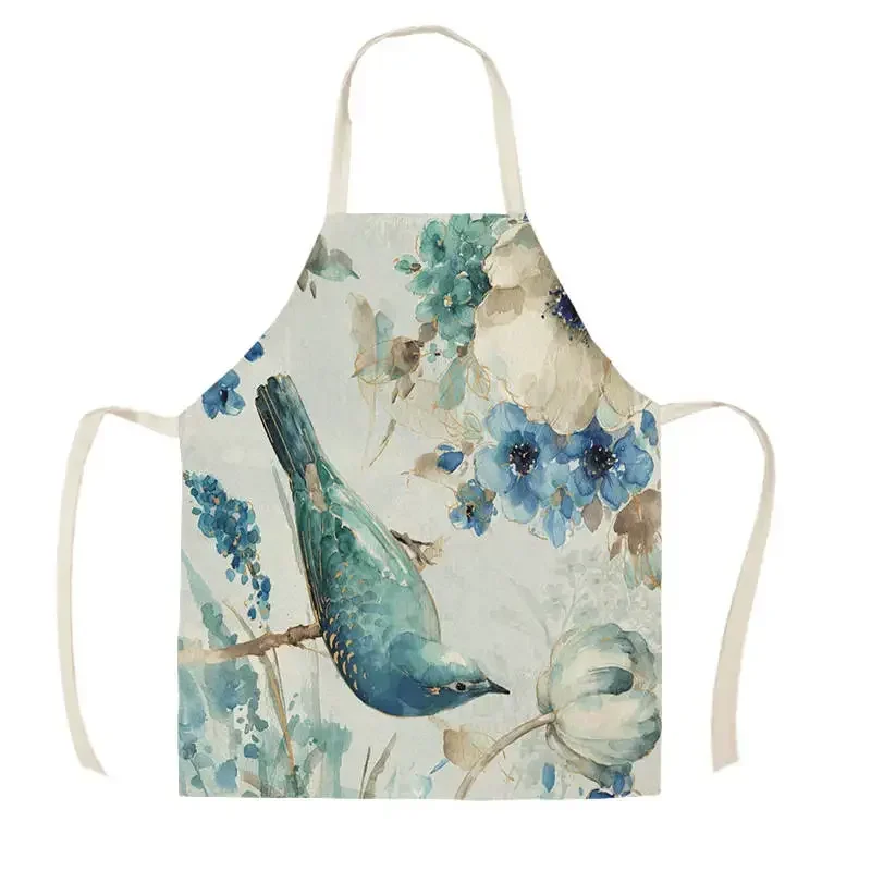 Blue Flower and Bird Pattern Kitchen Apron for Men and Women Household Cooking Bakery Cleaning Cotton and Linen Apron Tablier