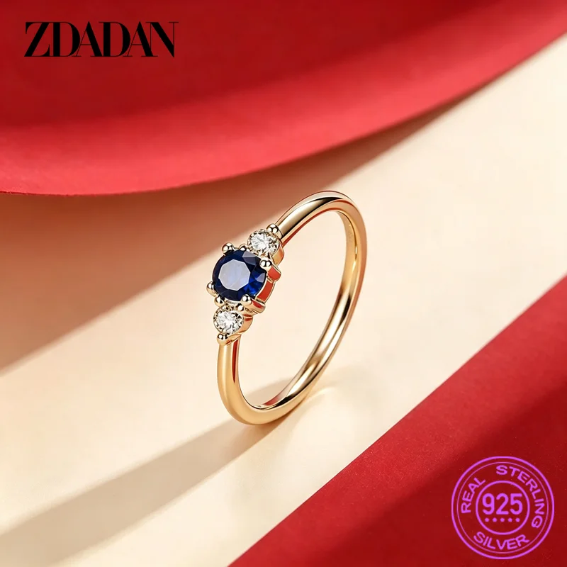ZDADAN 925 Silber 18K Gold Blauer Zirkon Ring für Damen Hochzeitsschmuck