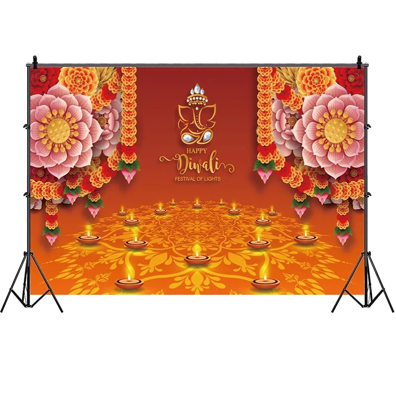 Happy Diwali Backdrop for Photography Indian Festival Candle Light Oil Lamp Mural Decorations Photo Background Wall Banner Props