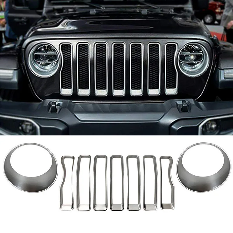 

ABS silver 9Pcs Front Grille Grill Mesh Grille Insert Kit + Style Headlight Lamp Cover Trim for Jeep 2018-2020 Wrangler JL