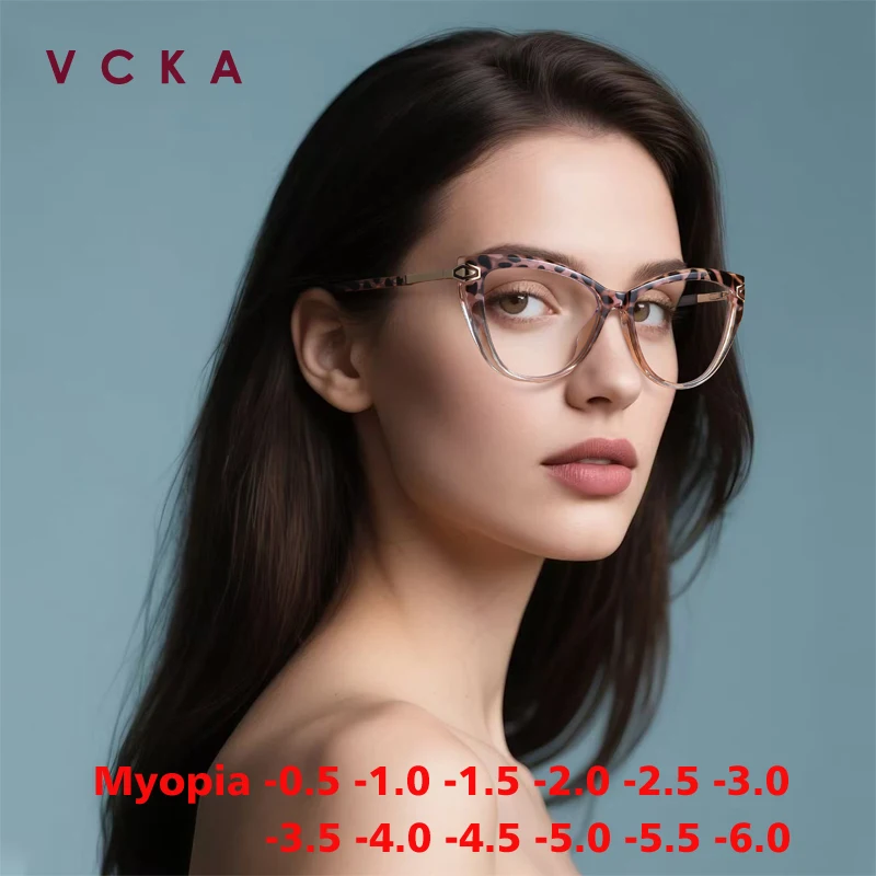 VCKA Cat eye Women Myopia Glasses Match colors Big Frame Fashion TR90 Anti-blue Light Custom Prescription Eyewear -0.50 TO -6.0