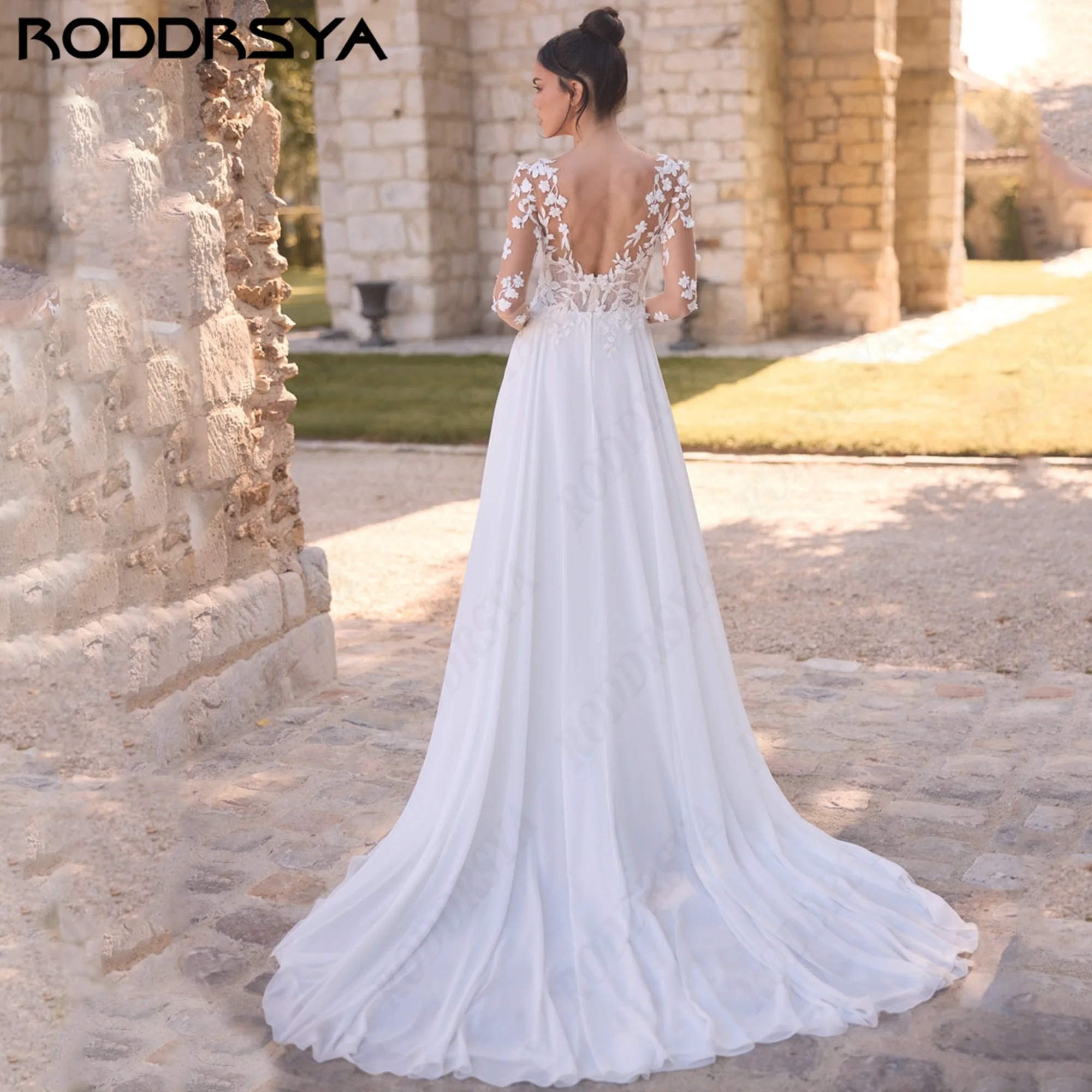 RODDRSYA Customized Long Sleeve Deep V Wedding Dress Lace Appliques Bride Dress Open Back High Slit 2026 Romantic Bridal Gown