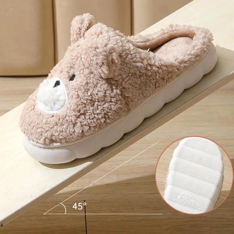 Cute Cartoon Bear Plush Slippers for Women 2024 Winter Warm Faux Fur Home Shoes Woman Thick Sole Non Slip Indoor Fluffy Slippers