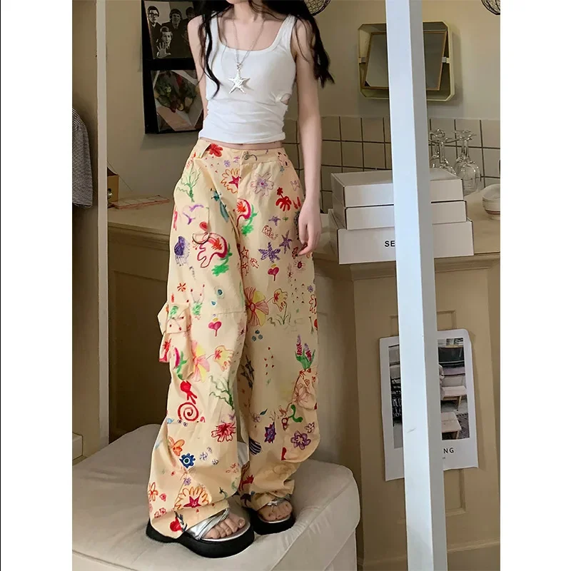 

Women's Cargo Pants Y2k Polychrome Print Summer Pockets Button Zippers Wide-leg Female Trousers 2023 Fashion Girl Empire Pant