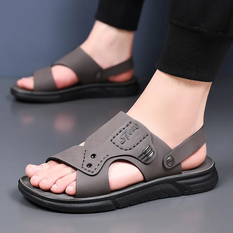 

Men Sandals Flat Leather Upper Slip on Breathable Slippers Classic Dual Use Summer Walk Beach Casual Sandals for Male Sandalias