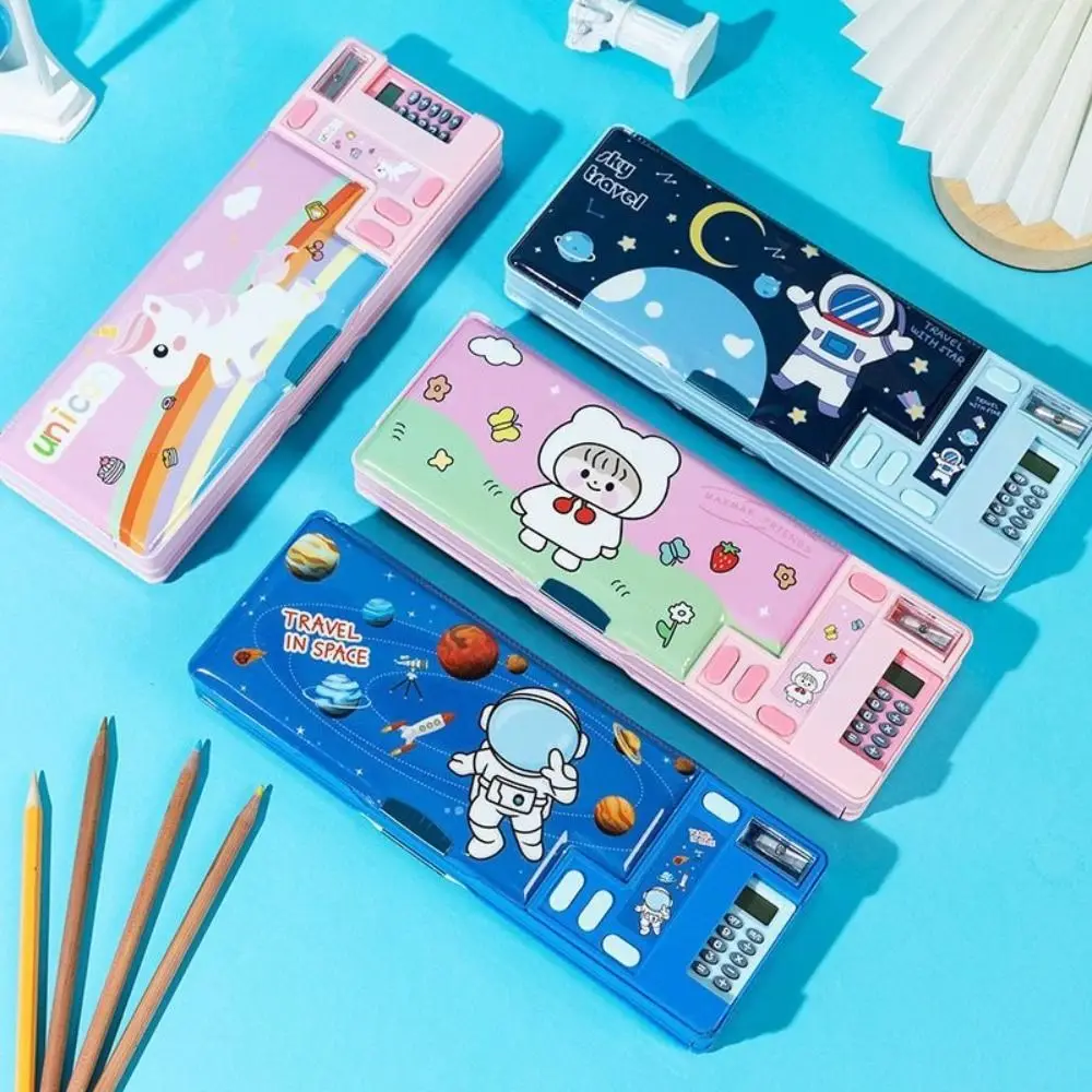Double Layer Pencil Case Pencil Sharpener Astronaut/Animal Design Pencil Box With Calculator Plastic Stationery Storage Box
