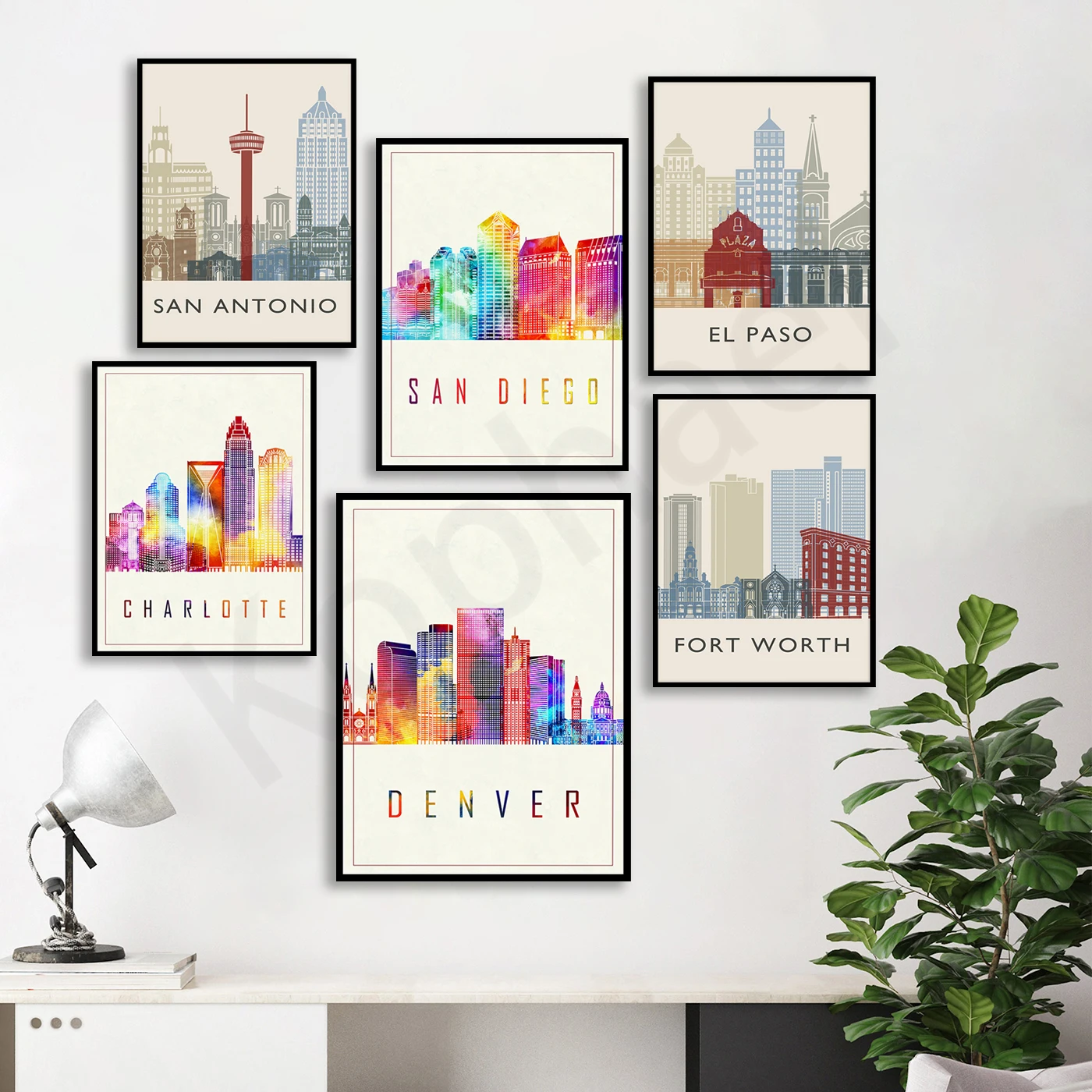 Denver San Antonio San Diego Philadelphia El Paso Houston Charlotte Fort Worth. City Travel Landscape Poster