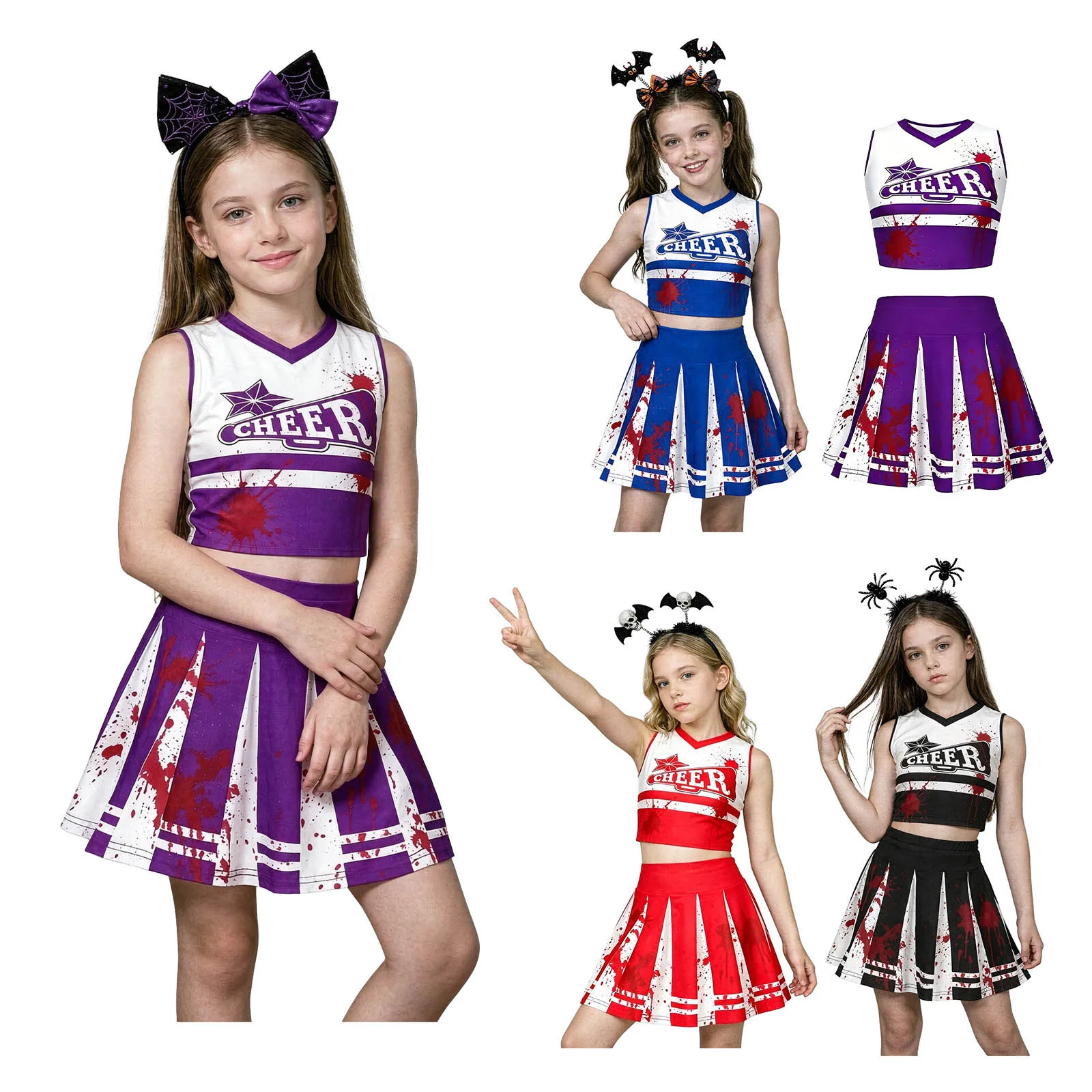 Kinder Mädchen Halloween Cheerleader Cosplay Kostüm Cheerleading Uniform V-Ausschnitt Crop Top mit Faltenrock Cheer Dance Outfit – Detail 2
