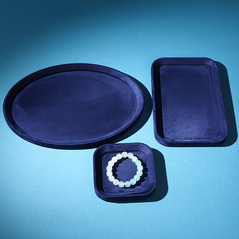 1pc Elegant Blue Series Velvet Jewelry Display Tray Multifunction Necklace Bracelet Earrings Storage Plate Counter Showcase Prop