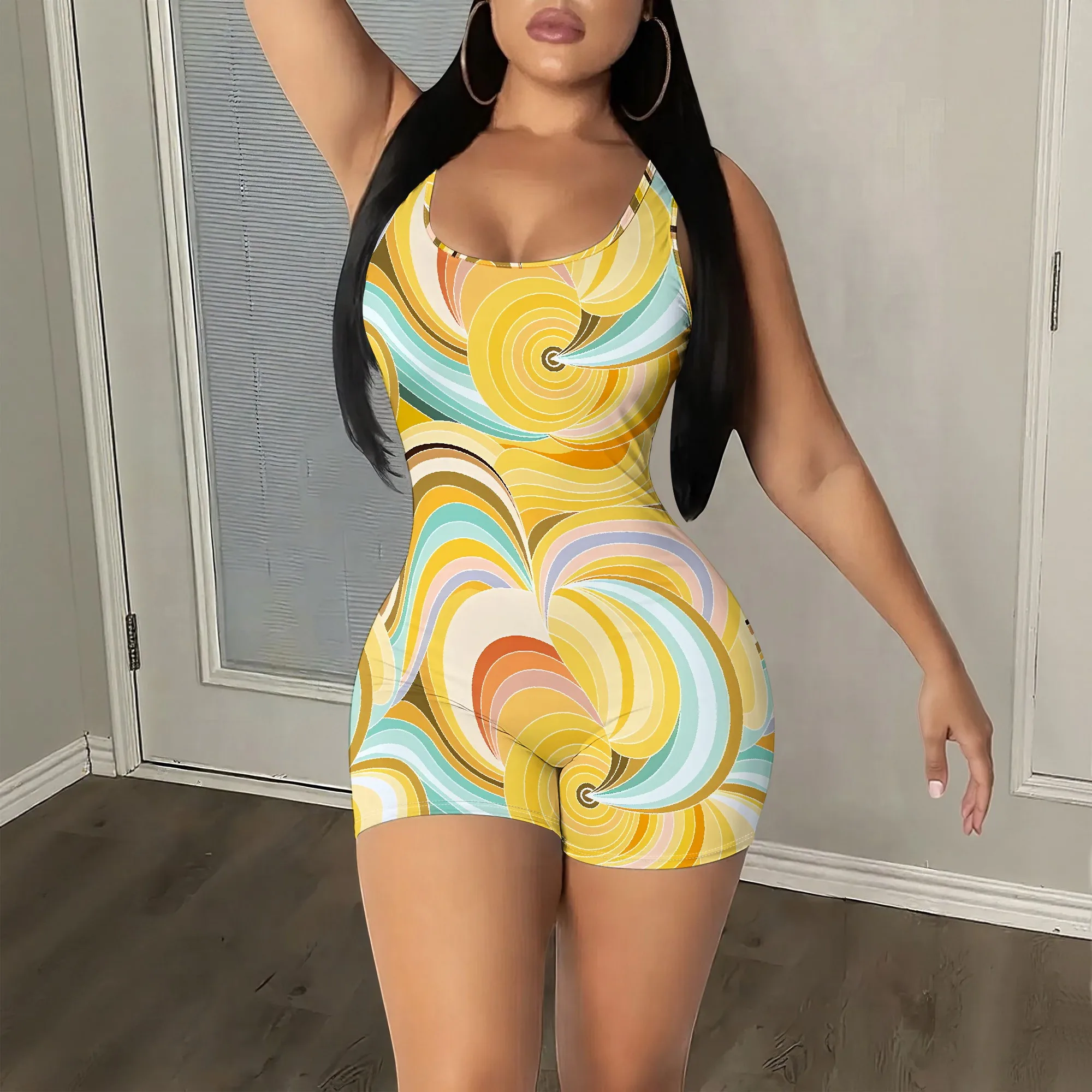 

Retro Swirl Print Sleeveless Bodysuit, Abstract Art Jumpsuit, Summer Fashion Romper, Beach Party Outfit, S-2XL
