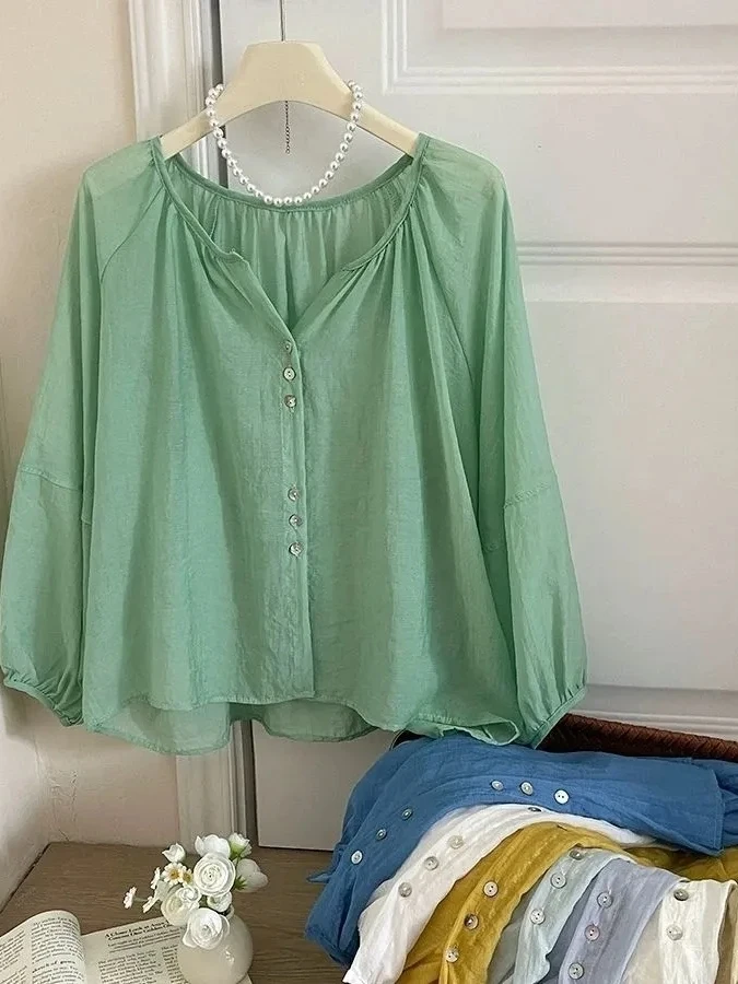 

Retro Vaion Sle Ice Silk Linen Cotton Sun Protection irt Women Summer Lantern Sve Outerwear Air Conditioned Doll Co...