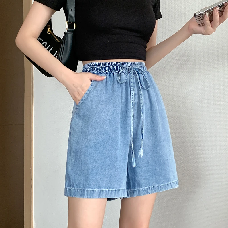 Academy Fengtian injCapris-Short en denim à jambes larges pour femme, short d'été fin et élastique