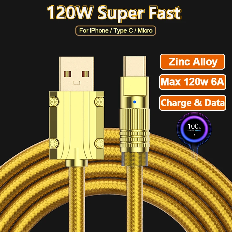 아연 합금 USB 초고속 충전 데이터 케이블, 샤오미 화웨이 삼성용 C 타입 6A 마이크로 3A 충전 게임 코드, 아이폰 2.4A, 120W