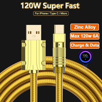 Zinc Alloy 120W USB Super Fast Charging Data Cable For Xiaomi Huawei Samsung Type C 6A Micro 3A Charge Game Cord For iPhone 2.4A