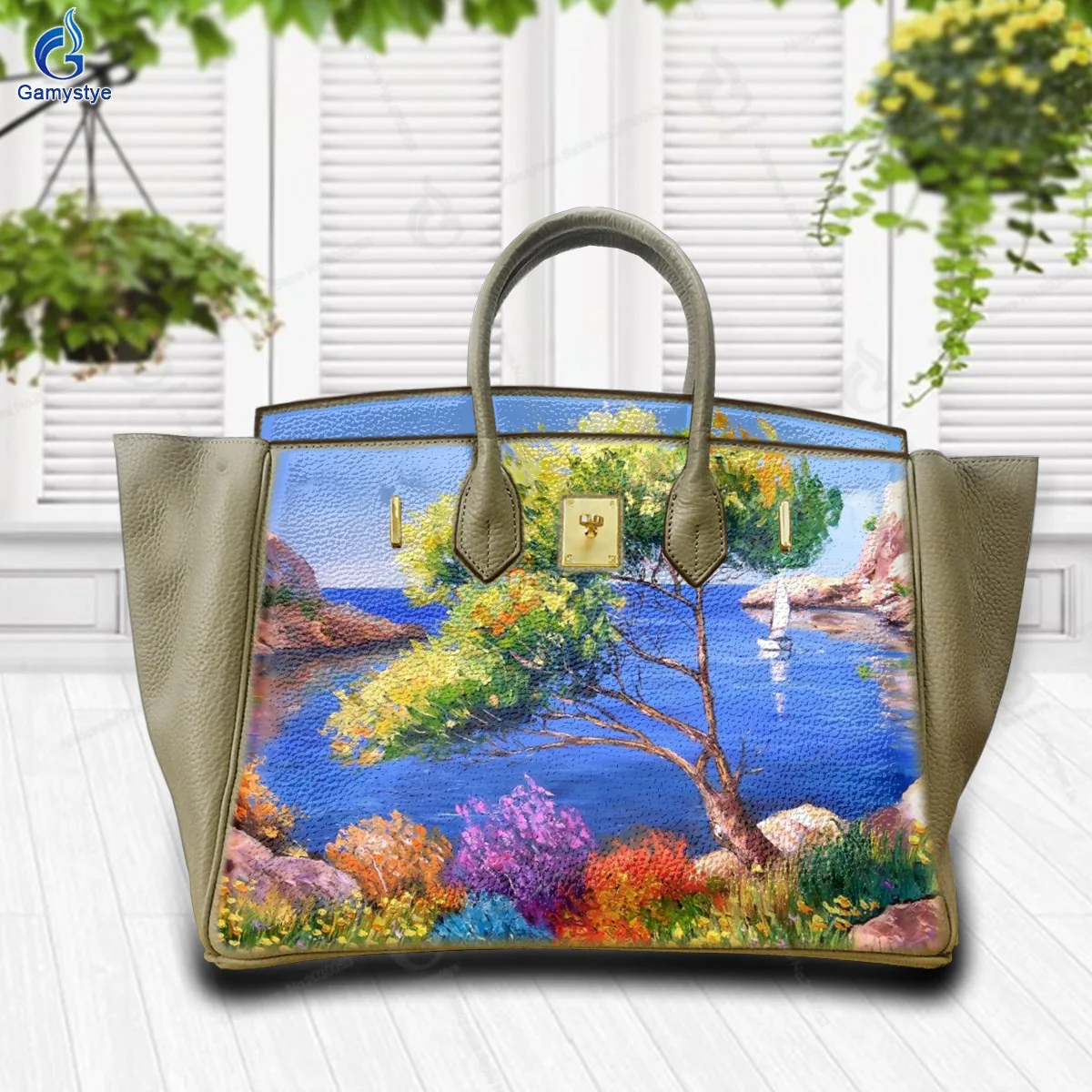 

Shoulder Bags Sac De Luxe Femme Luxury Bags Women Seaside scenery pattern 100% Cowhide Leather Art Hand-Painting Customize Totes