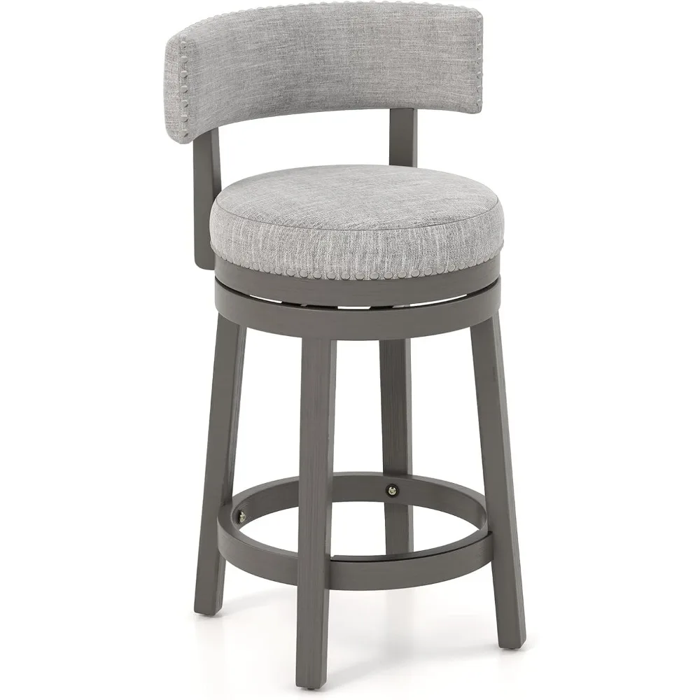 

Bar Stool, 27-inch 360° Swivel Barstool with Upholstered Back & Seat, Solid Rubber Wood Legs & Footrest, Farmhouse Counter