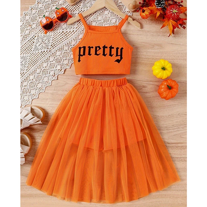 5-14 Years Teenagers Girls Clothing Sets Summer New Cotton Fashion Top + Mesh Skirt Two Piece Set Birthday Gifts Kids Clothes