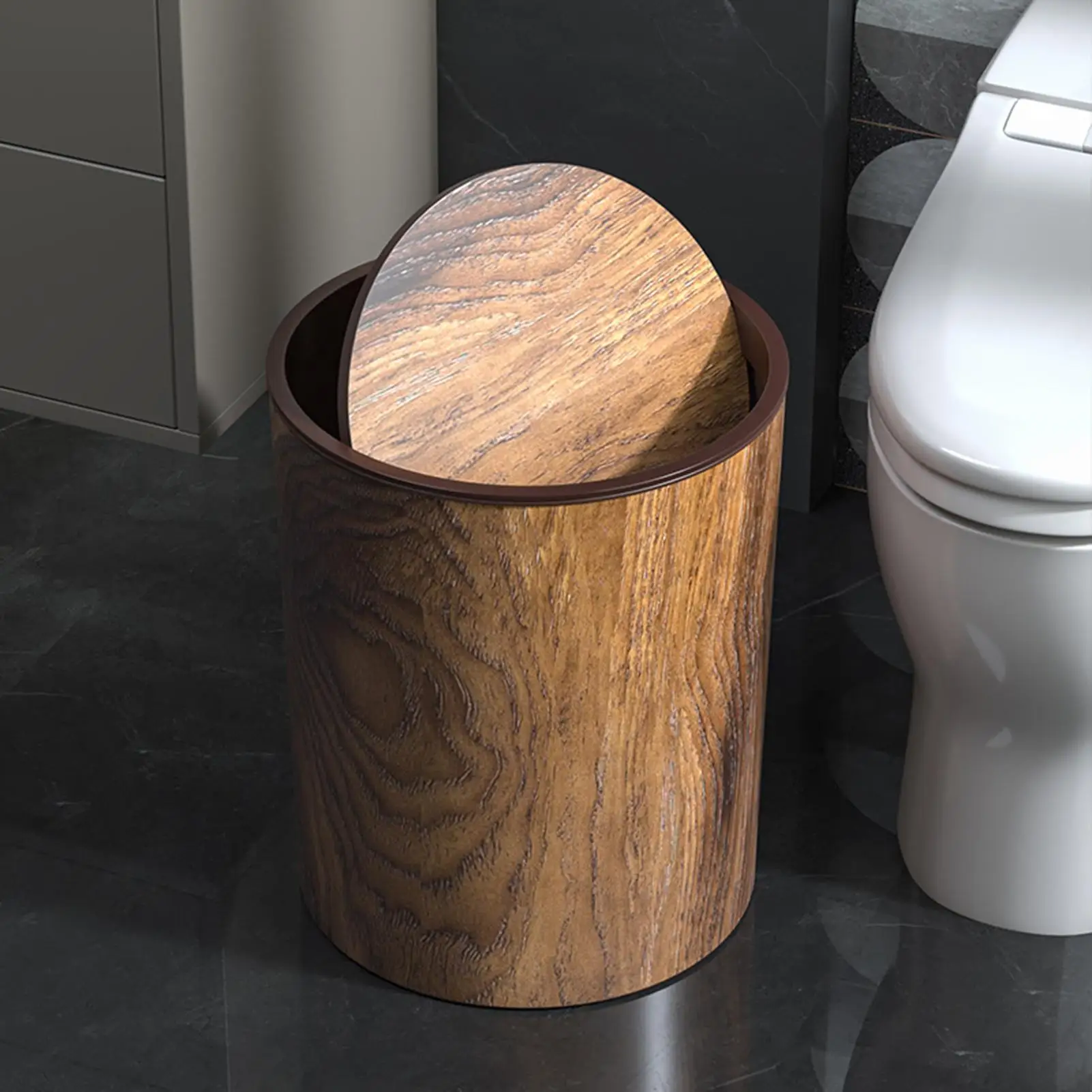 

Wood Grain Bathroom Trash Can plastic Lidded Wastebasket Trash Can Retro Waste Paper Rubbish Trash can For Bedroom Offices